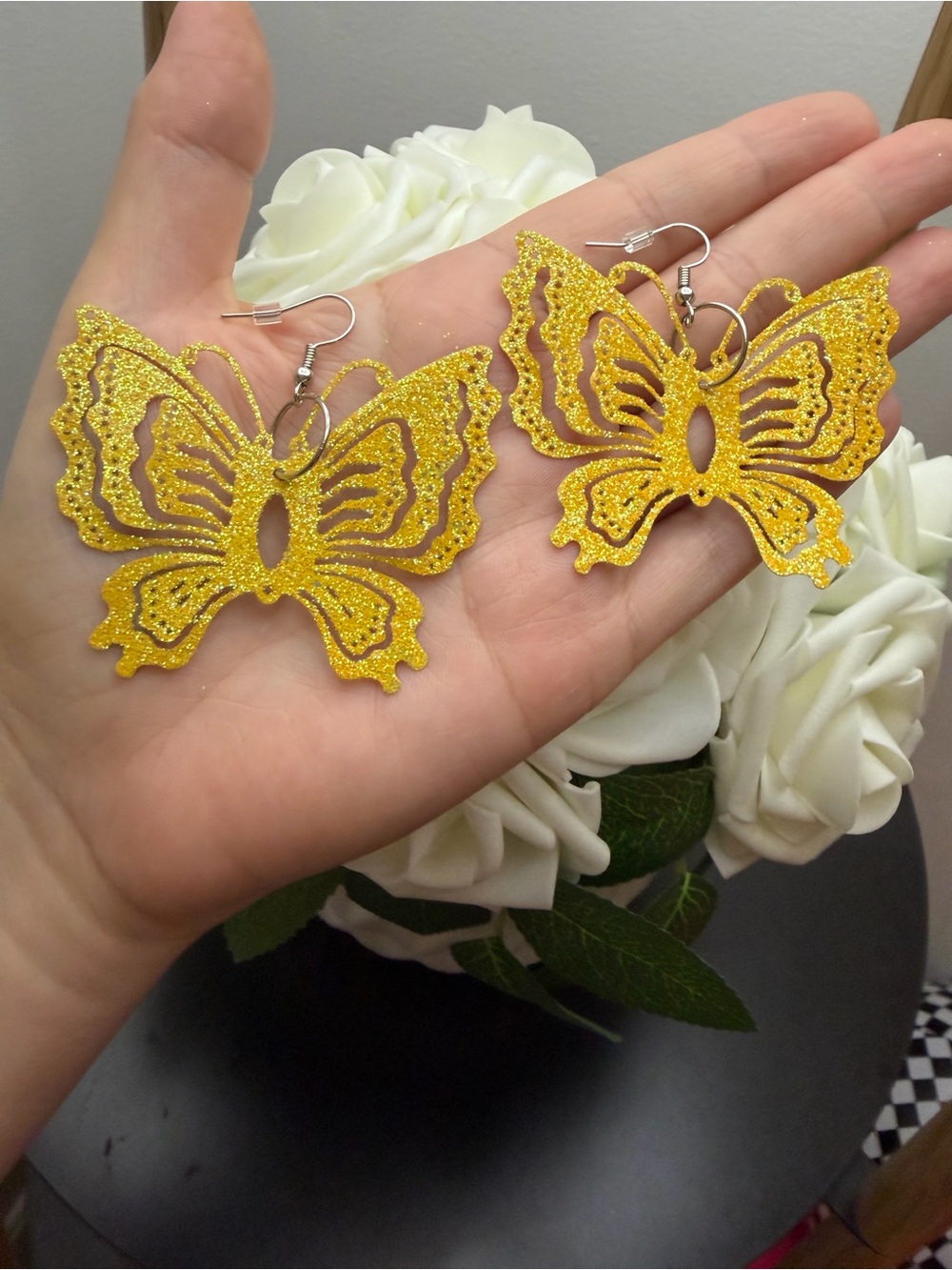 On Running Gold Glitter Butterfly Dangle Earrings - Women Jewelry